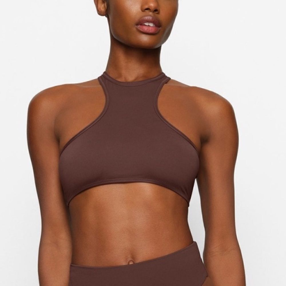 SKIMS NWT Recycled Swim High Neck RacerBack Swim Top In Cocoa Brown Swim Bikini